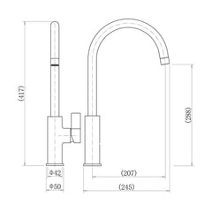 [BKT013] Balterley Contemporary Single Lever Kitchen Mixer Tap with Rounded Swan Neck Spout & Chrome Finish - Technical Drawing