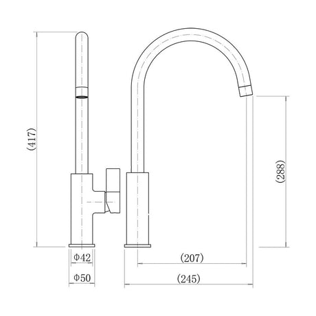 [BKT013] Balterley Contemporary Single Lever Kitchen Mixer Tap with Rounded Swan Neck Spout & Chrome Finish - Technical Drawing