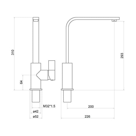 [BKT014] Contemporary Single Lever Kitchen Mixer Tap - Chrome - Technical Drawing