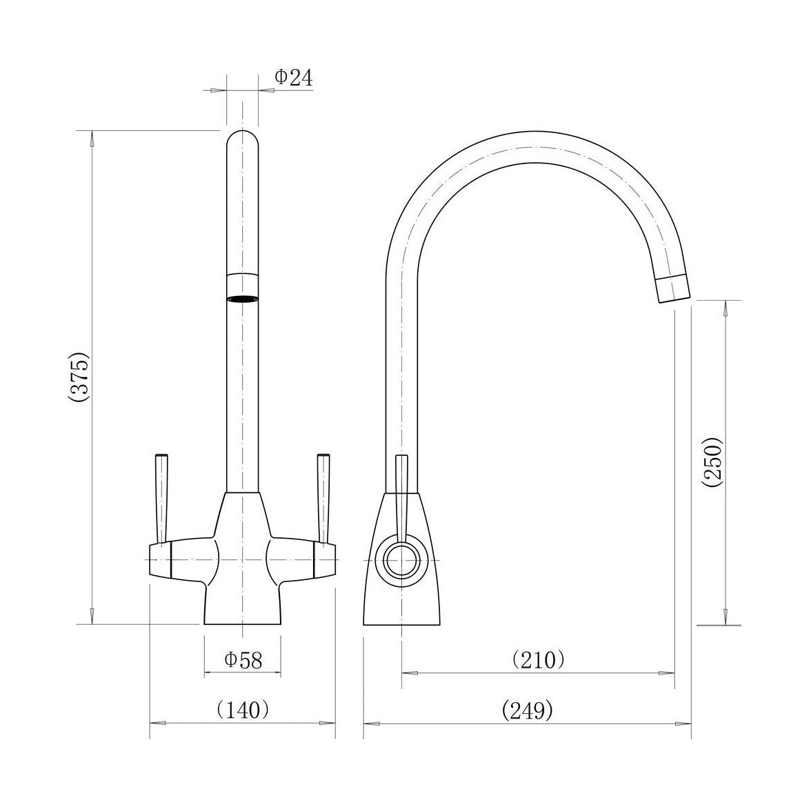 [BKT015BG] Balterley Contemporary Pull Out Dual Lever Kitchen Mixer Tap with Rounded Swivel Spout & Brushed Gold Finish - Technical Drawing