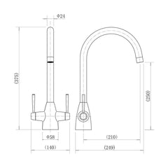 [BKT015BG] Balterley Contemporary Pull Out Dual Lever Kitchen Mixer Tap with Rounded Swivel Spout & Brushed Gold Finish - Technical Drawing