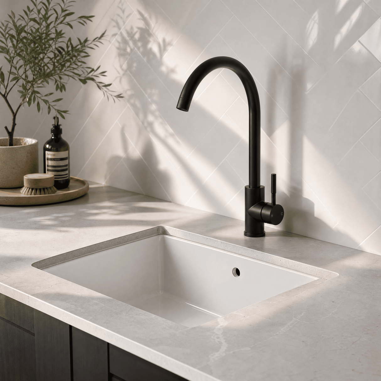 [BKT1311] Modern Round Kitchen Sink Mixer Tap Single Lever, Top-Fix Installation, 355 x 90 x 245 mm - Choice of Colour - Lifestyle 1