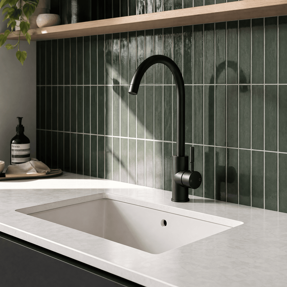 [BKT1311] Modern Round Kitchen Sink Mixer Tap Single Lever, Top-Fix Installation, 355 x 90 x 245 mm - Choice of Colour - Lifestyle 2