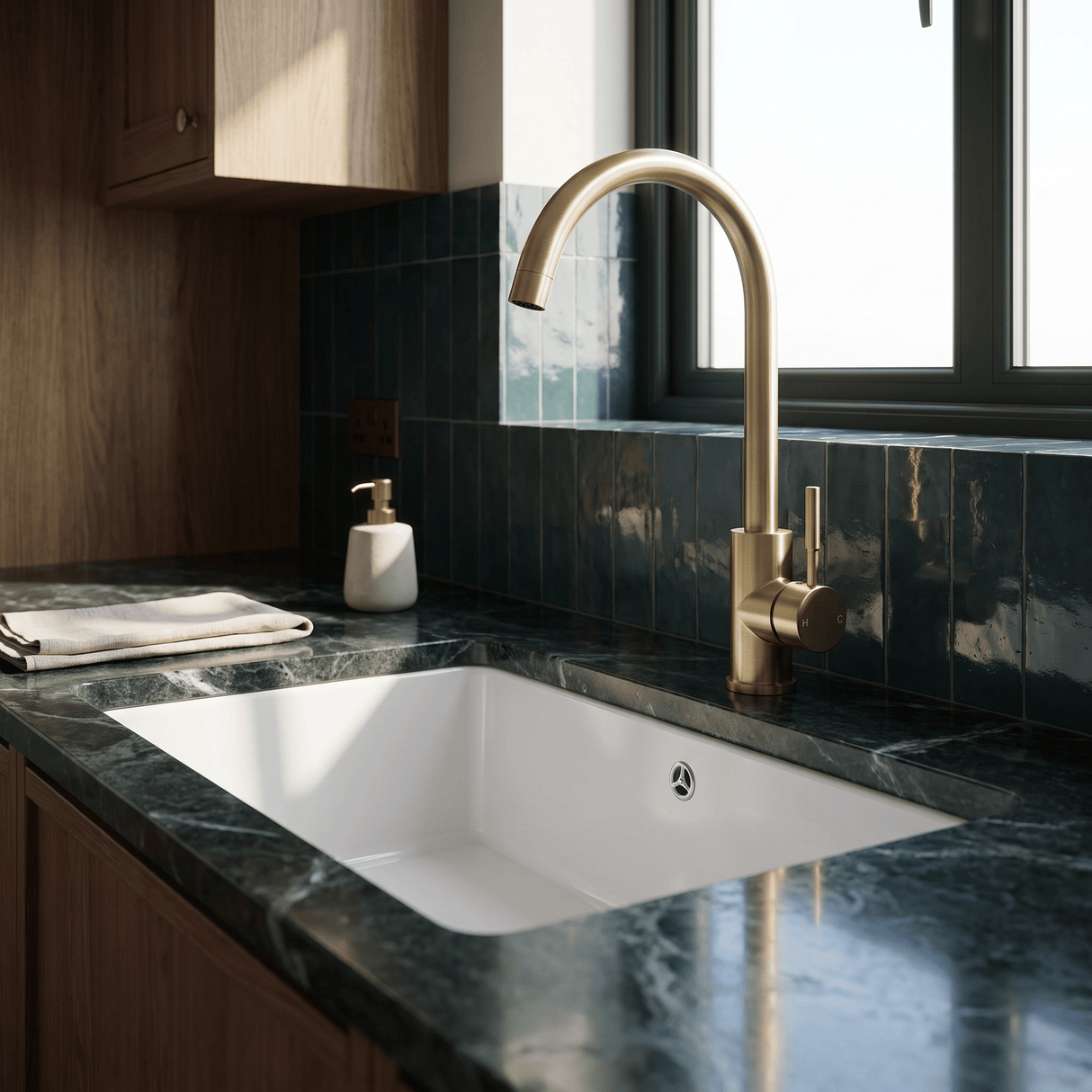 [BKT1312] Modern Round Kitchen Sink Mixer Tap Single Lever, Top-Fix Installation, 355 x 90 x 245 mm - Choice of Colour - Lifestyle 2