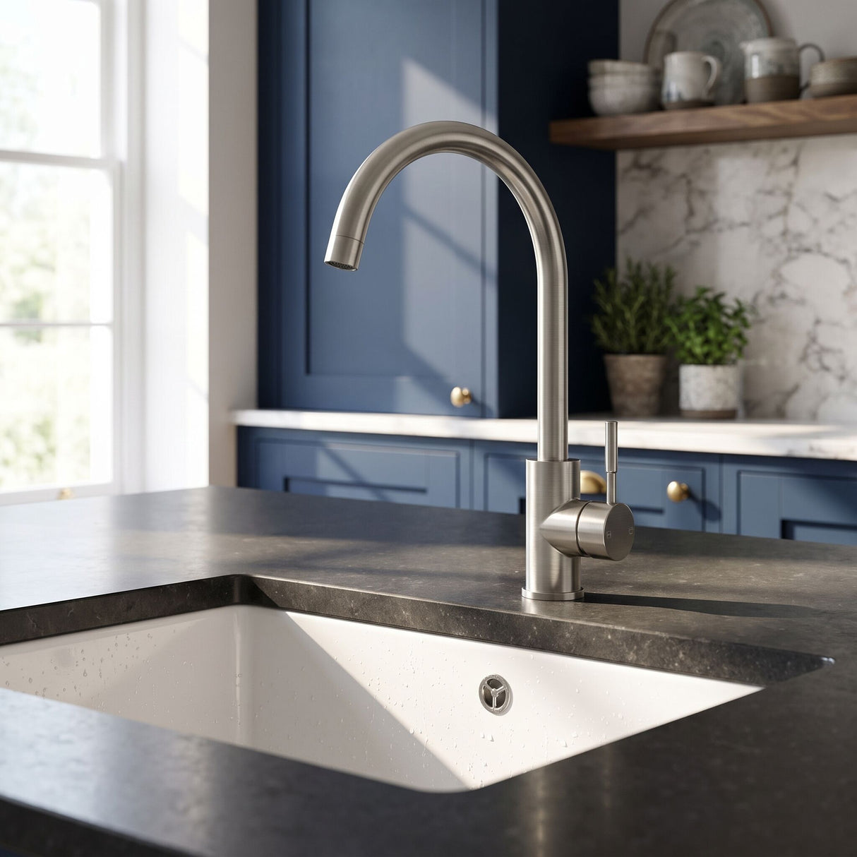 [BKT1313] Modern Round Kitchen Sink Mixer Tap Single Lever, Top-Fix Installation, 355 x 90 x 245 mm - Choice of Colour - Lifestyle 2