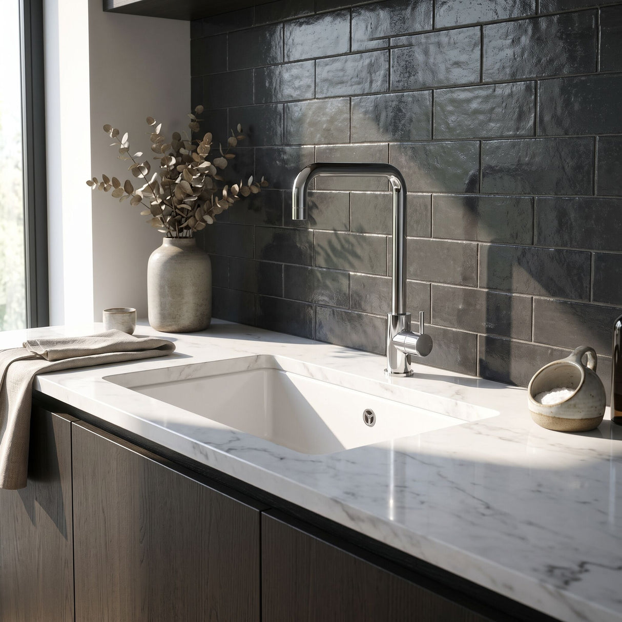 [BKT1325] Modern Square Kitchen Sink Mixer Tap Single Lever, Top Fix Installation, 352 x 90 x 245 mm - Choice of Colour - Lifestyle 1
