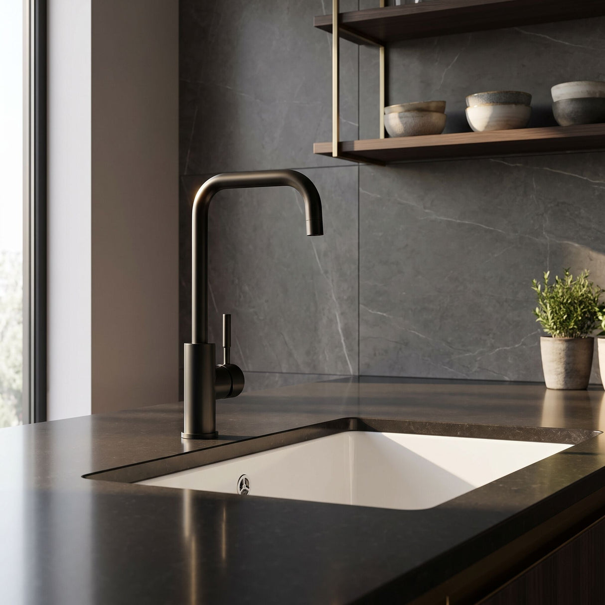[BKT1326] Modern Square Kitchen Sink Mixer Tap Single Lever, Top Fix Installation, 352 x 90 x 245 mm - Choice of Colour - Lifestyle 2