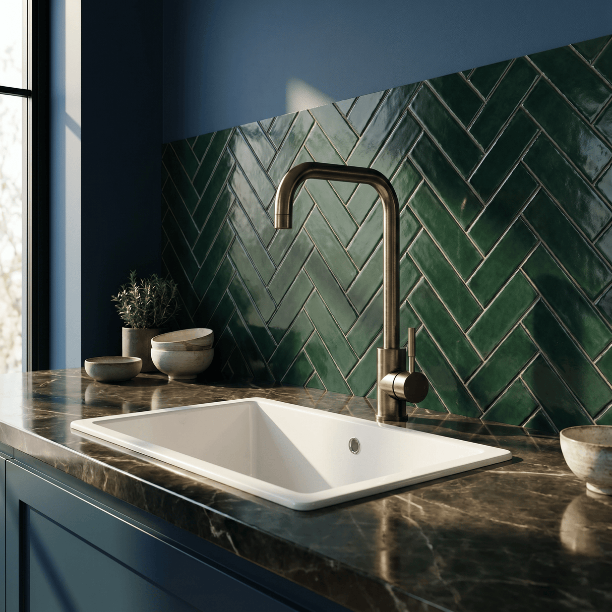 [BKT1329] Modern Square Kitchen Sink Mixer Tap Single Lever, Top Fix Installation, 352 x 90 x 245 mm - Choice of Colour - Lifestyle 1