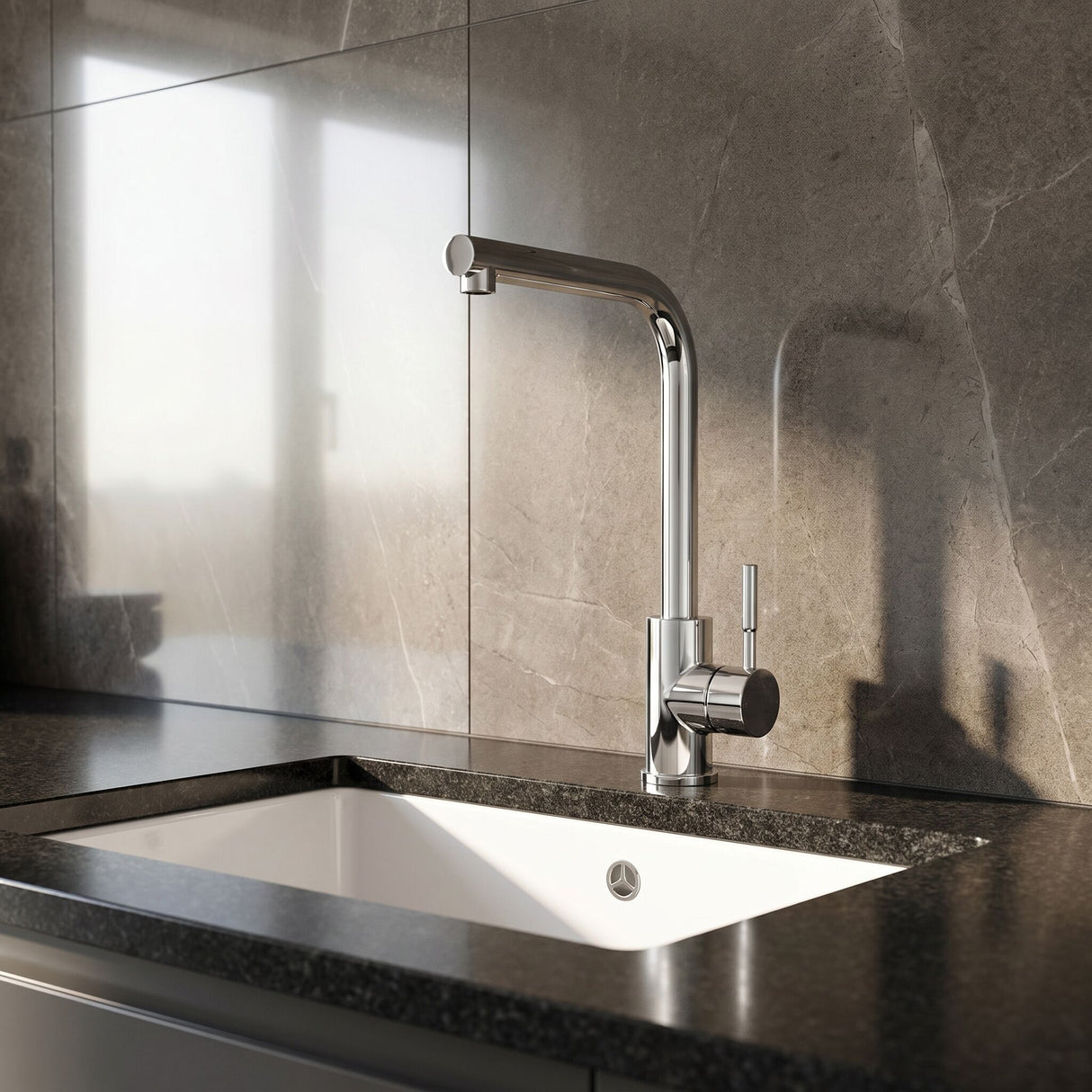 [BKT1330] Modern L-Neck Kitchen Sink Mixer Tap Single Lever, Top Fix Installation, 347 x 90 x 245 mm - Choice of Colour - Lifestyle 2