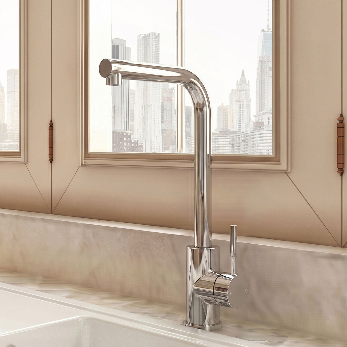 [BKT1330] Modern L-Neck Kitchen Sink Mixer Tap Single Lever, Top Fix Installation, 347 x 90 x 245 mm - Choice of Colour - Silo