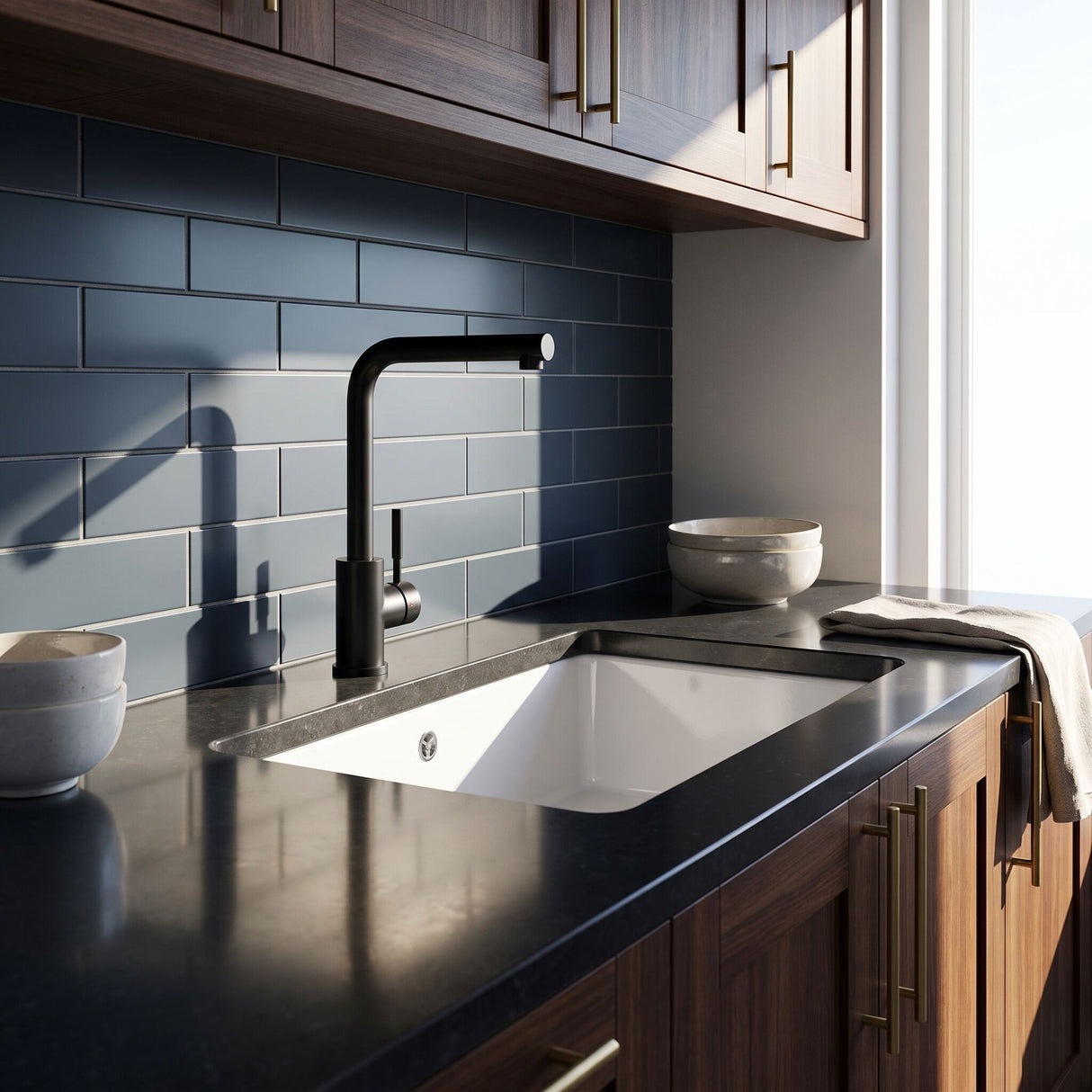 [BKT1331] Modern L-Neck Kitchen Sink Mixer Tap Single Lever, Top Fix Installation, 347 x 90 x 245 mm - Choice of Colour - Lifestyle 2