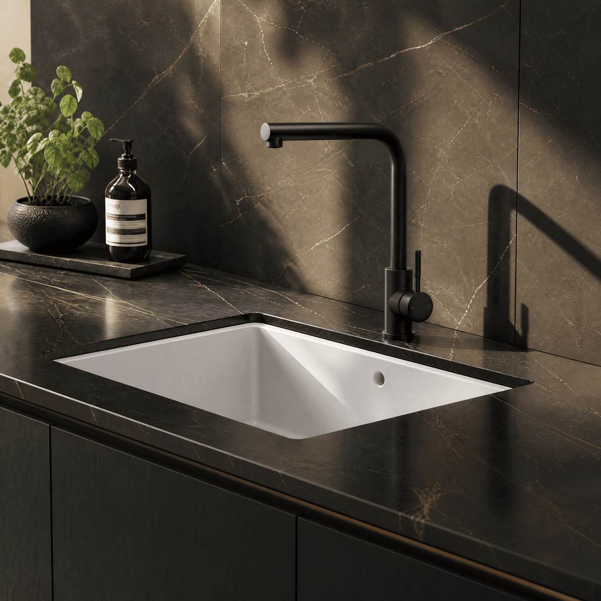 [BKT1331] Modern L-Neck Kitchen Sink Mixer Tap Single Lever, Top Fix Installation, 347 x 90 x 245 mm - Choice of Colour - Lifestyle 3
