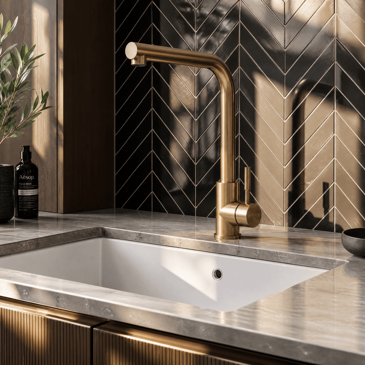 [BKT1332] Modern L-Neck Kitchen Sink Mixer Tap Single Lever, Top Fix Installation, 347 x 90 x 245 mm - Choice of Colour - Lifestyle 2