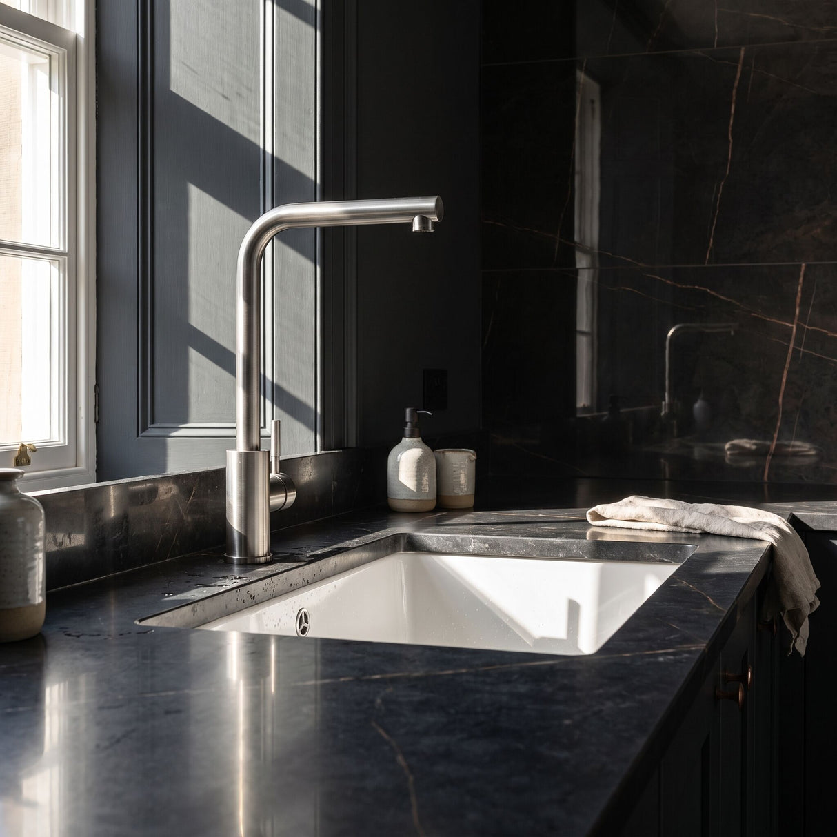 [BKT1333] Modern L-Neck Kitchen Sink Mixer Tap Single Lever, Top Fix Installation, 347 x 90 x 245 mm - Choice of Colour - Lifestyle 2
