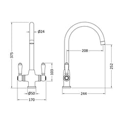 [BKT304B] Norbury Mono Mixer Kitchen Tap - Multiple Handle and Finish Options Available - Technical Drawing