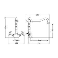 [BKT315B] Norbury Traditional French Classic Mono Sink Mixer Tap - Choice of Colour - Technical Drawing