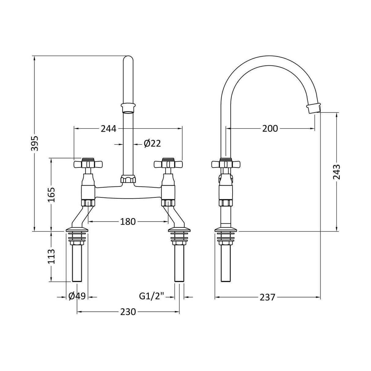 [BKT316B] Norbury Bridge Mixer Kitchen Tap - Crosshead or Lever Handles, Choice of Colour - Technical Drawing