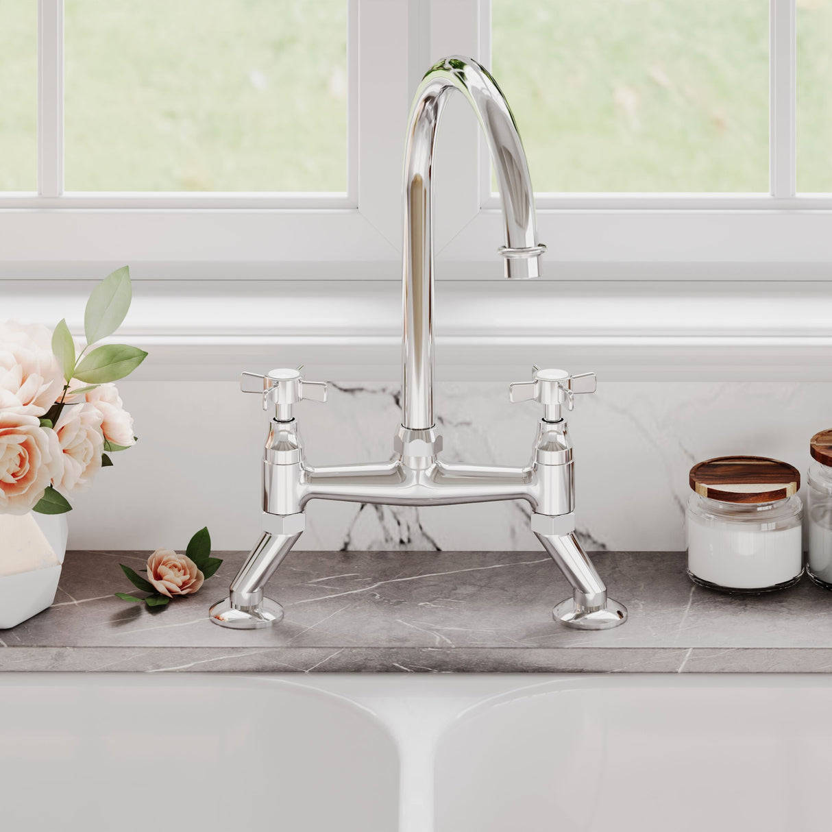 [BKT316B] Norbury Bridge Mixer Kitchen Tap - Crosshead or Lever Handles, Choice of Colour - Lifestyle 1