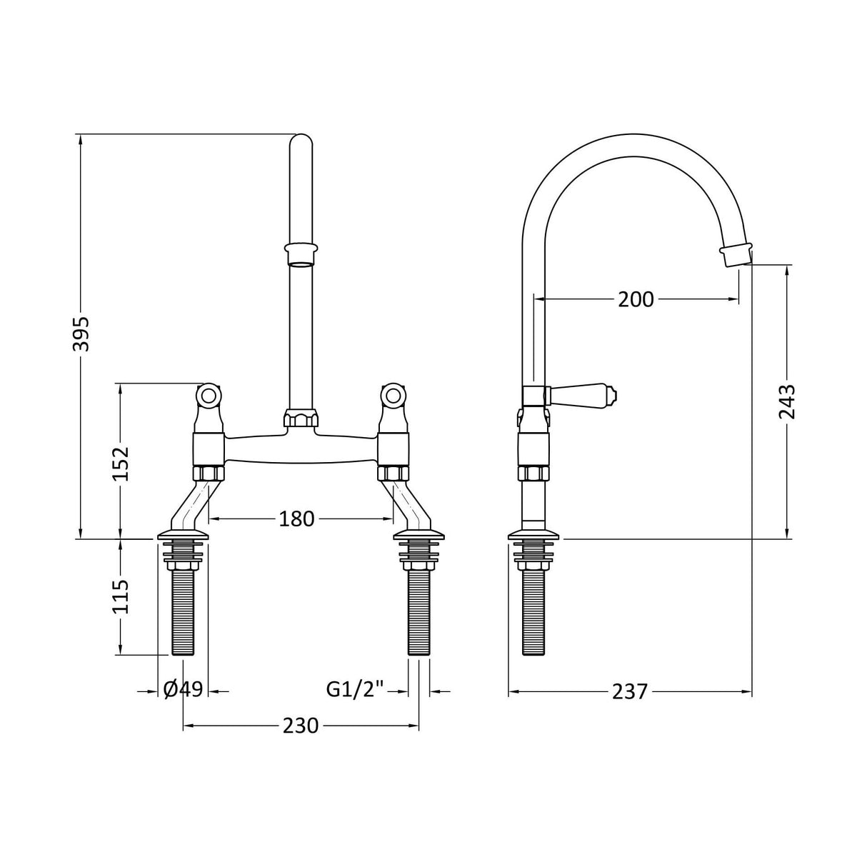 [BKT317B] Norbury Bridge Mixer Kitchen Tap - Crosshead or Lever Handles, Choice of Colour - Technical Drawing