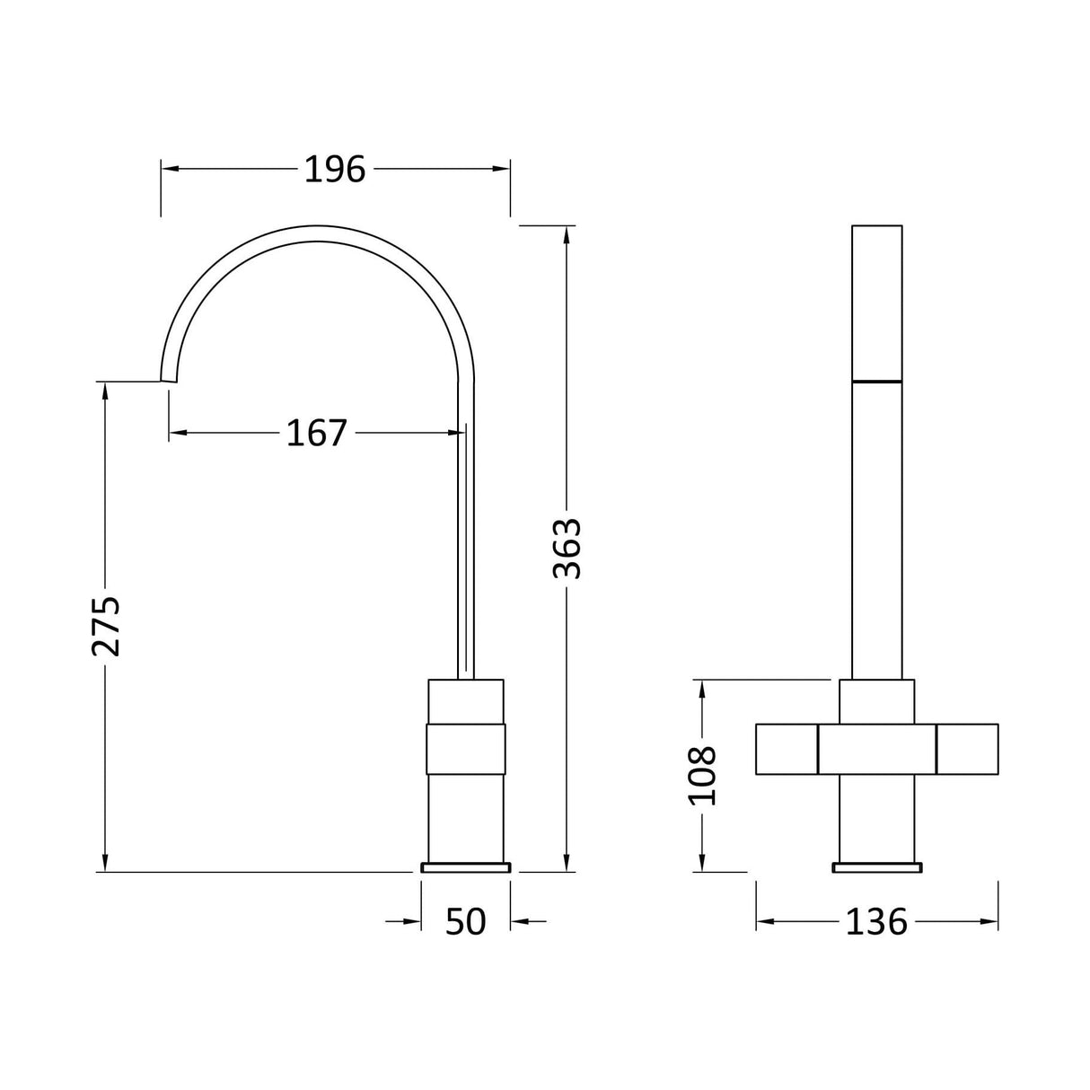 [BKT324B] Mono Mixer Kitchen Tap - Technical Drawing