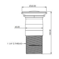[BKT600] Modern Round Bathroom Click-Clack Unslotted Basin Waste without Overflow, Top Fix Installation, 103 x 60 x 104 mm - Choice of Colour - Technical Drawing