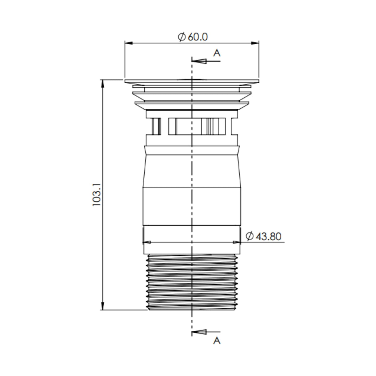 [BKT601] Modern Round Bathroom Click-Clack Slotted Basin Waste with Overflow, Top Fix Installation, 103 x 60 x 104 mm - Choice of Colour - Technical Drawing