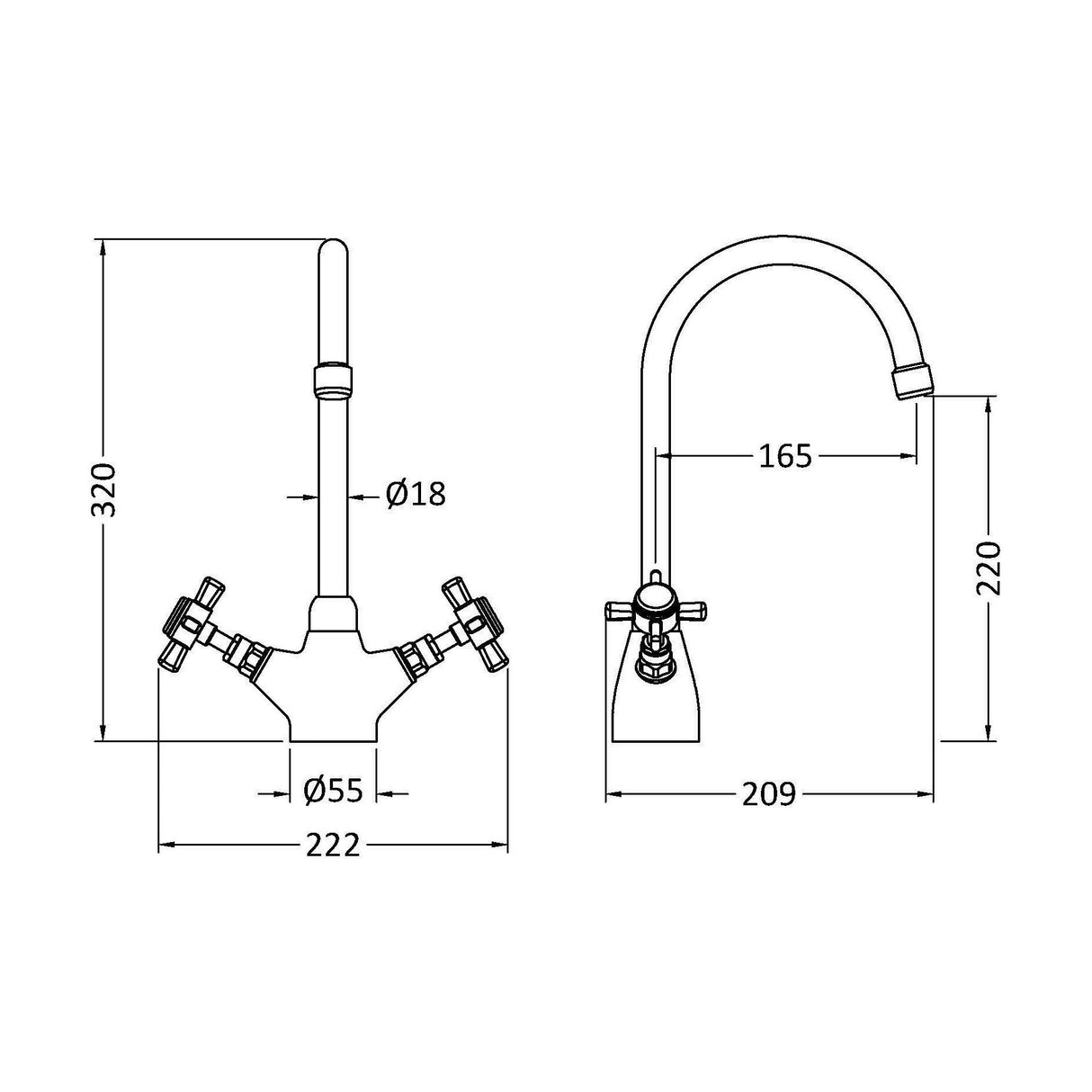 [BKT603] Norbury Mono Mixer Kitchen Tap - Multiple Handle and Finish Options Available - Technical Drawing