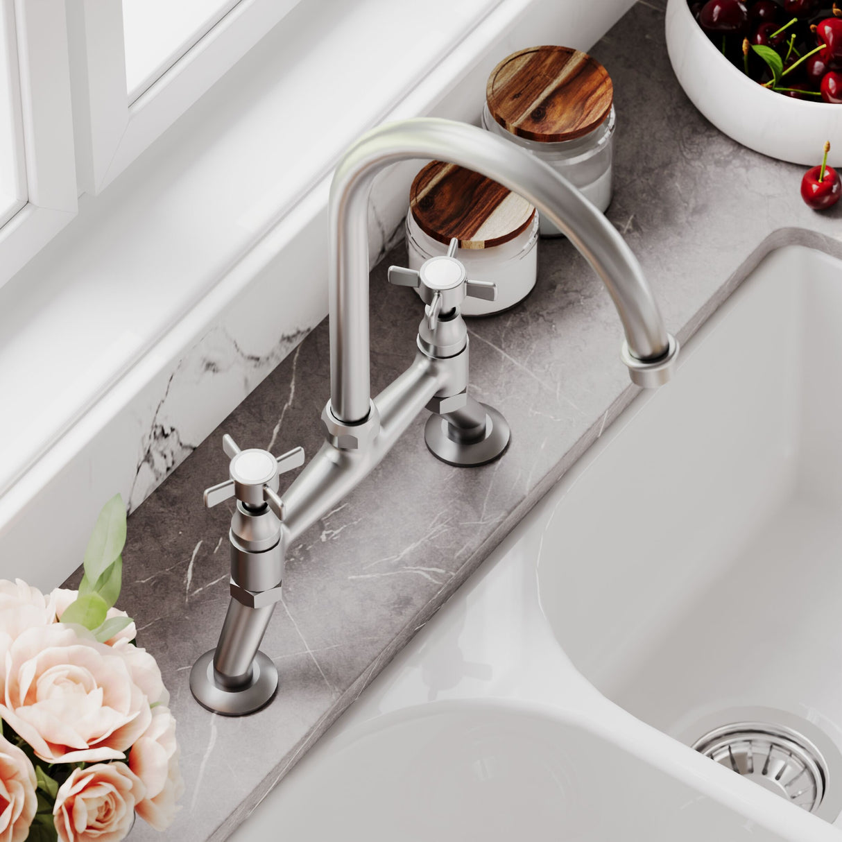 [BKT606] Norbury Bridge Mixer Kitchen Tap - Crosshead or Lever Handles, Choice of Colour - Lifestyle 3