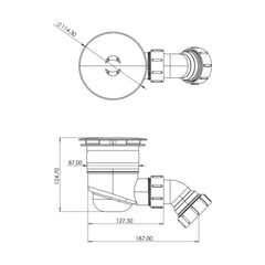 [BKT729] Modern Round Bathroom Shower Tray Waste with Elbow, Top Fix Installation, 125 x 114 x 187 mm - Choice of Colour - Technical Drawing