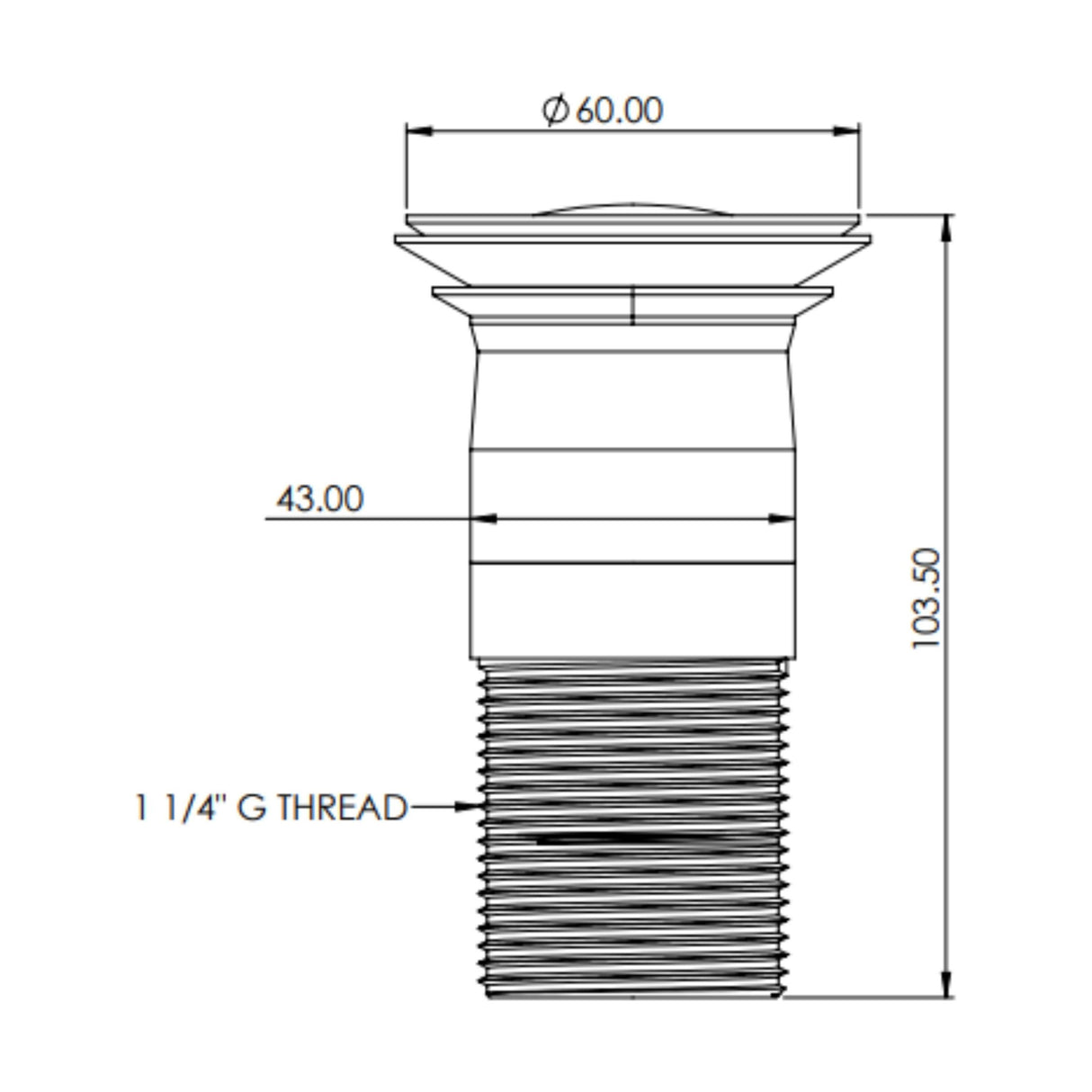 [BKT732] Modern Round Bathroom Click-Clack Slotted Basin Waste with Overflow, Top Fix Installation, 103 x 60 x 104 mm - Choice of Colour - Technical Drawing
