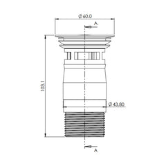 [BKT736] Modern Round Bathroom Click-Clack Slotted Basin Waste with Overflow, Top Fix Installation, 103 x 60 x 104 mm - Choice of Colour - Technical Drawing