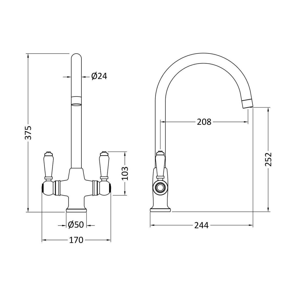 [BKT804] Norbury Mono Mixer Kitchen Tap - Multiple Handle and Finish Options Available - Technical Drawing