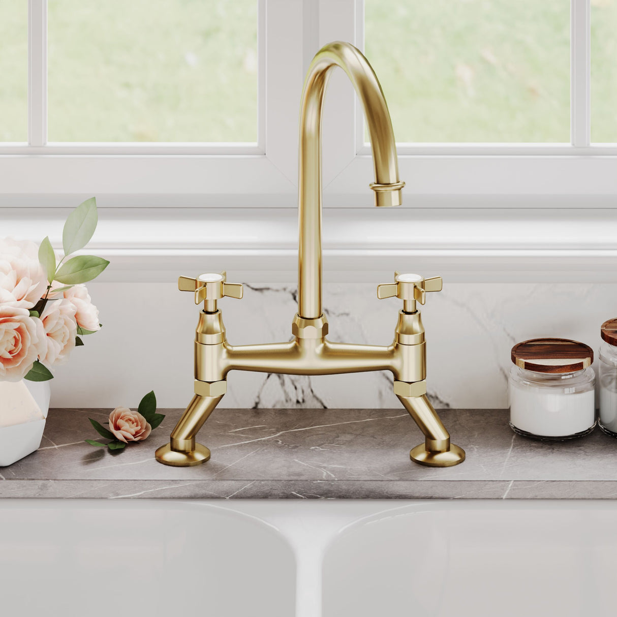 [BKT806] Norbury Bridge Mixer Kitchen Tap - Crosshead or Lever Handles, Choice of Colour - Lifestyle 1