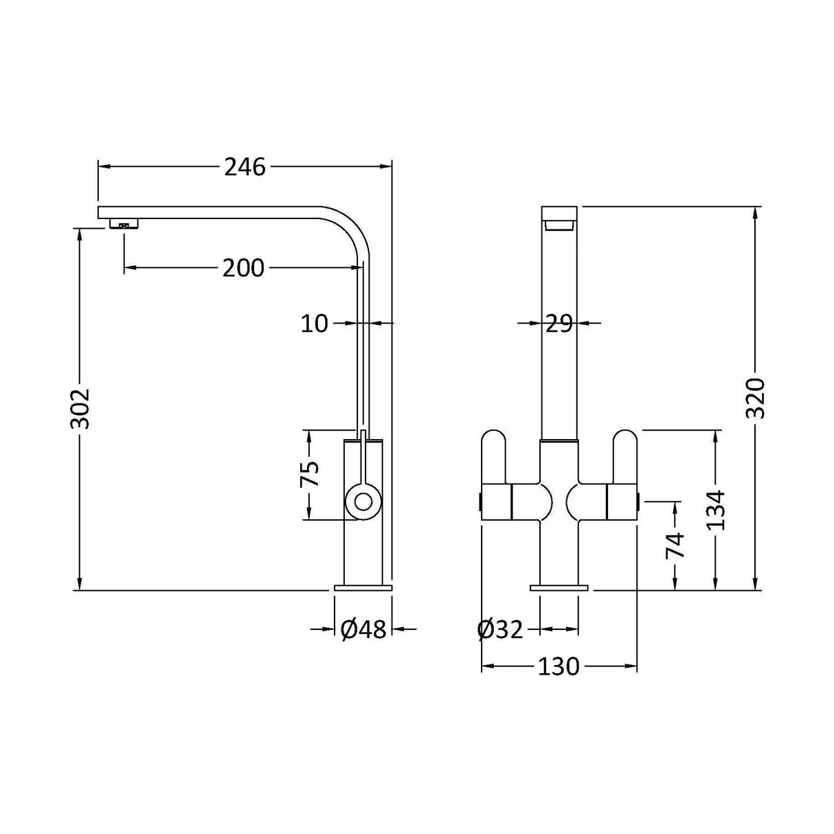 [BKTC605DL] Ipstones Kitchen Mono Mixer Tap - Single or Dual Lever, Choice of Colour - Technical Drawing