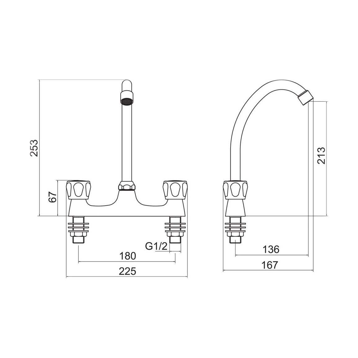[BKTCLU06] Balterley Contemporary Dual Handle Deck Mounted Sink Mixer Tap with Rounded Swivel Spout & Chrome Finish - Technical Drawing