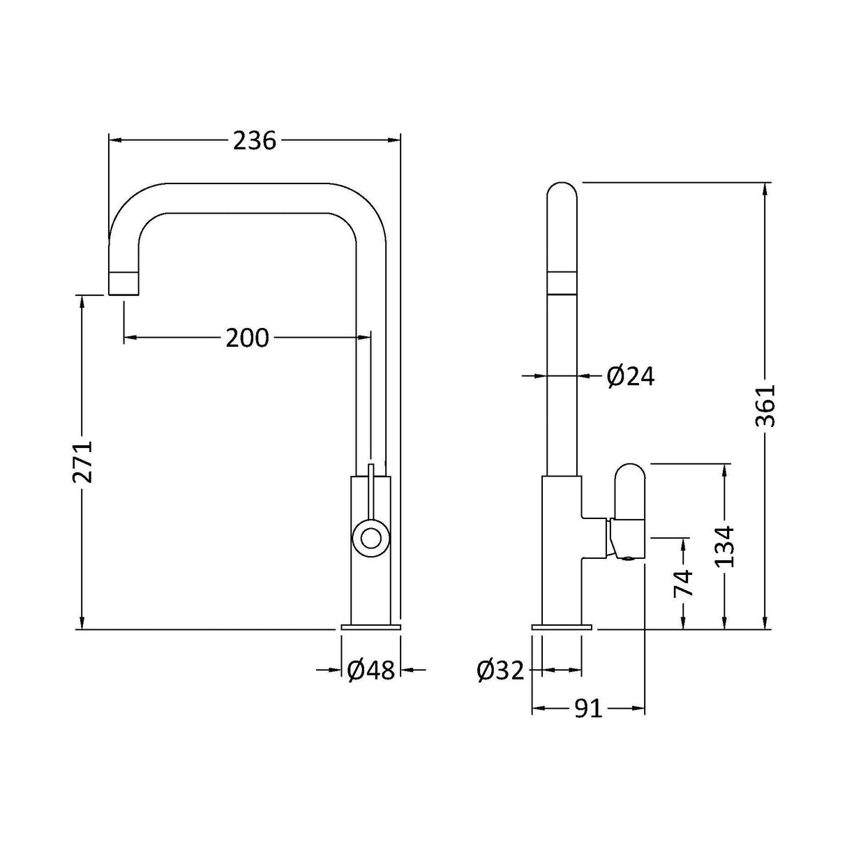 [BKTK305SL] Warslow Kitchen Mono Mixer Tap - Single or Dual Lever, Choice of Colour - Technical Drawing