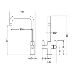 [BKTK605DL] Warslow Kitchen Mono Mixer Tap - Single or Dual Lever, Choice of Colour - Technical Drawing