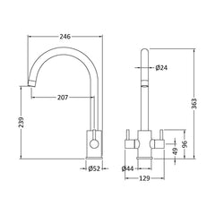 [BKTL805DL] Gratwich Kitchen Mono Mixer Tap - Single or Dual Lever, Choice of Colour - Technical Drawing