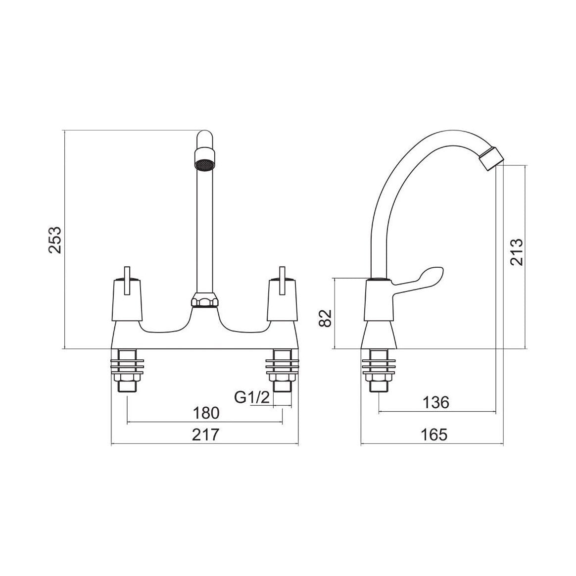 [BKTLEV06] Balterley Contemporary Dual Handle Lever Deck Mounted Sink Mixer Tap with Rounded Swivel Spout & Chrome Finish - Technical Drawing