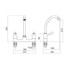 [BKTLEV06] Balterley Contemporary Dual Handle Lever Deck Mounted Sink Mixer Tap with Rounded Swivel Spout & Chrome Finish - Technical Drawing