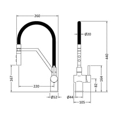 [BKTR305SL] Haughton Kitchen Mono Mixer Tap - Single or Dual Lever, Choice of Colour - Technical Drawing