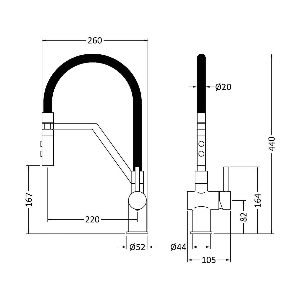 [BKTR805SL] Haughton Kitchen Mono Mixer Tap - Single or Dual Lever, Choice of Colour - Technical Drawing