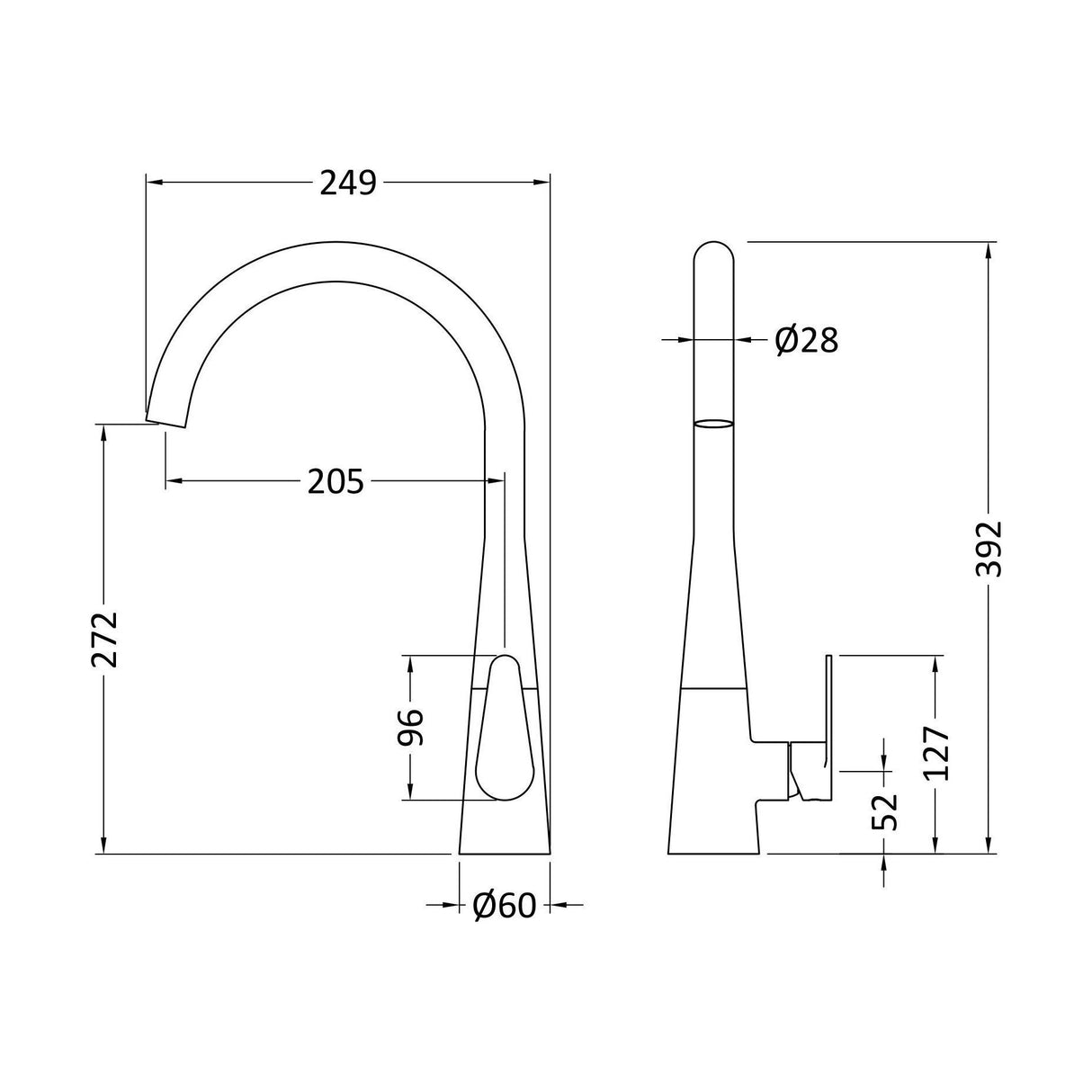 [BKTS405SL] Tatenhill Kitchen Mono Sink Mixer Tap - Single or Dual Lever, Choice of Colour - Technical Drawing