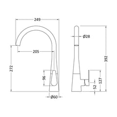 [BKTS405SL] Tatenhill Kitchen Mono Sink Mixer Tap - Single or Dual Lever, Choice of Colour - Technical Drawing