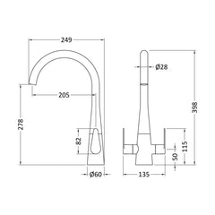 [BKTS605DL] Tatenhill Kitchen Mono Sink Mixer Tap - Single or Dual Lever, Choice of Colour - Technical Drawing