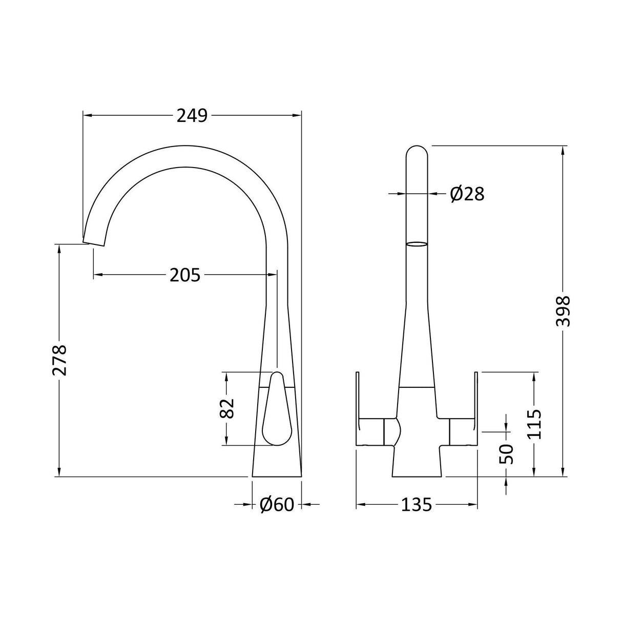 [BKTS805DL] Tatenhill Kitchen Mono Sink Mixer Tap - Single or Dual Lever, Choice of Colour - Technical Drawing