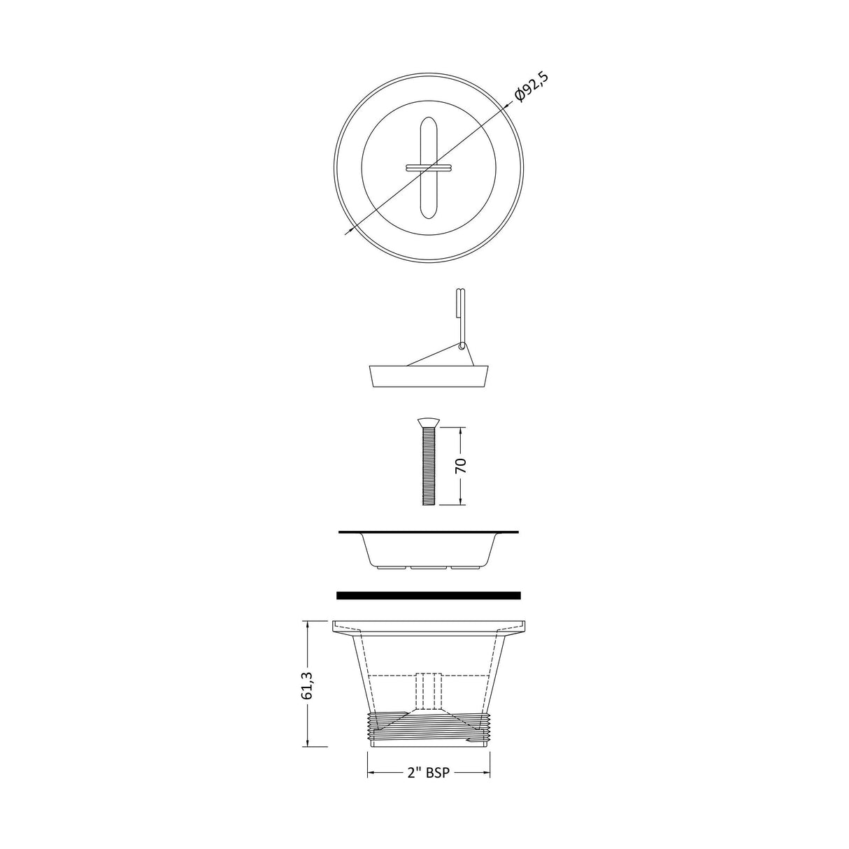 [BKW301] Traditional Cleaner Sink Waste with Plug with a Chrome Finish - Technical Drawing