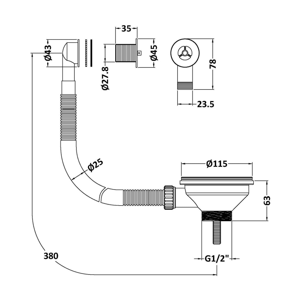 [BKW813R] 90mm Fireclay Kitchen Sink Basket Strainer Waste with Overflow - Multiple Colours Available - Technical Drawing