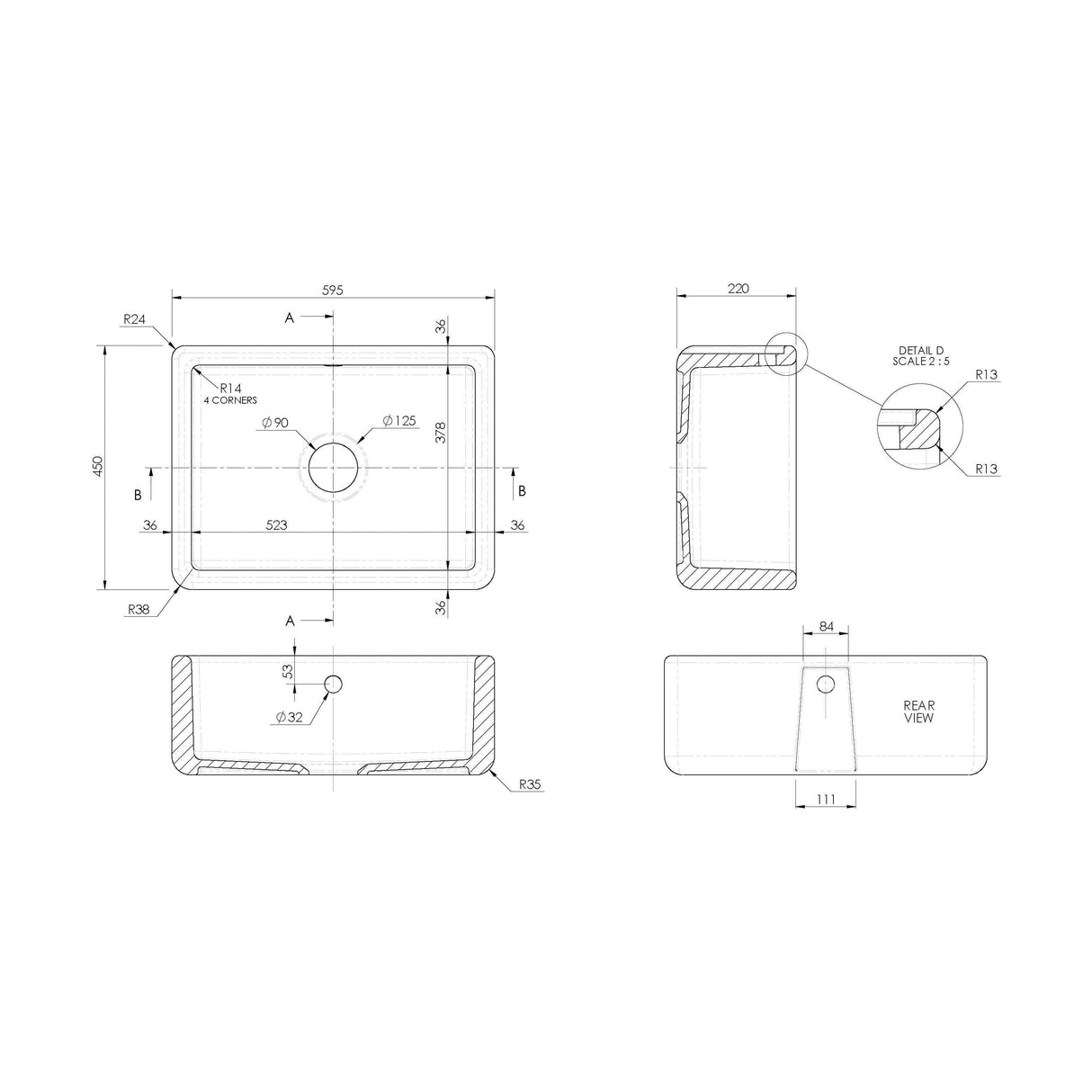 [BLBU17124] Traditional Single Bowl Fireclay Ceramic Butler Kitchen Sink with Overflow - 595mm - Technical Drawing