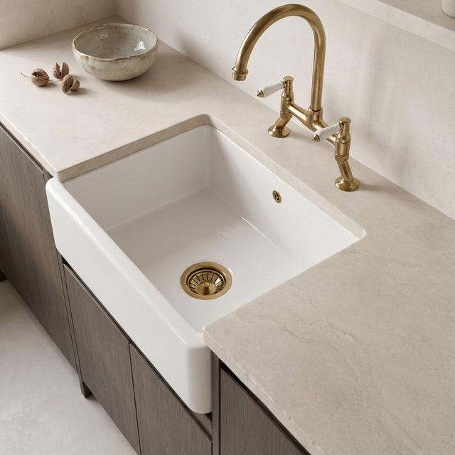 [BLBU17124] Traditional Single Bowl Fireclay Ceramic Butler Kitchen Sink with Overflow - 595mm - Silo